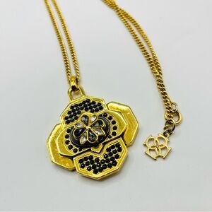 Ann Taylor Gold tone w Crystal & Black rhinestone Floral Pendant Necklace